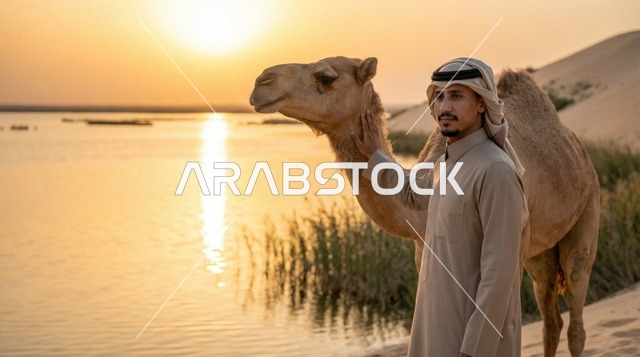 رجل سعودي مع جمل في الصحراء وقت الغروب