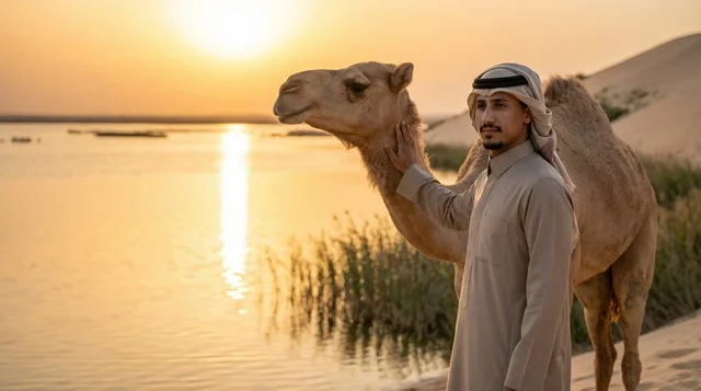 رجل سعودي مع جمل في الصحراء وقت الغروب