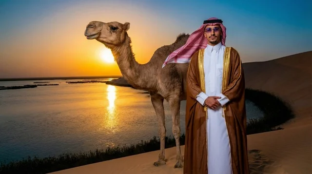 Saudi Man with Camel at Desert Lake Sunset