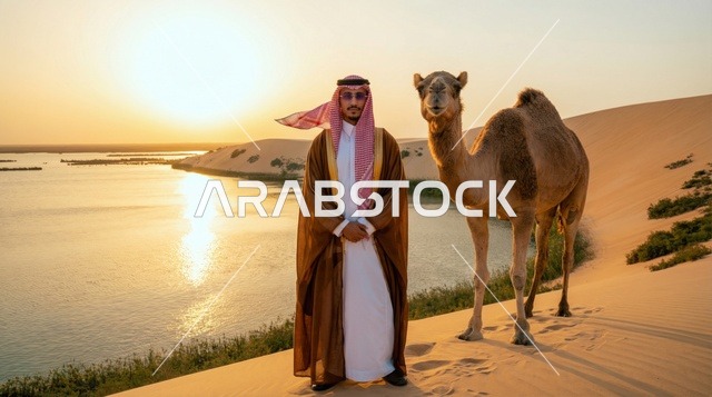 رجل سعودي مع جمل عند بحيرة صحراوية وقت الغروب