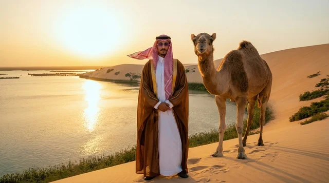 رجل سعودي مع جمل عند بحيرة صحراوية وقت الغروب