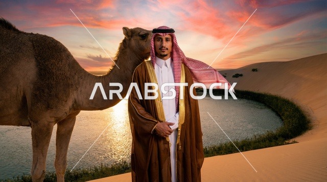 رجل سعودي مع جمل في الصحراء وقت الغروب