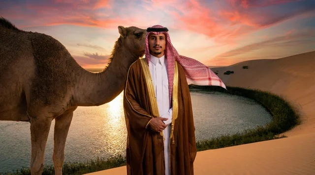 رجل سعودي مع جمل في الصحراء وقت الغروب