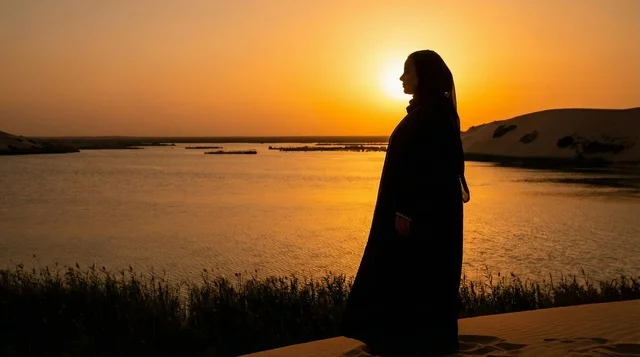 Saudi Woman in Black Abaya at Desert Sunset