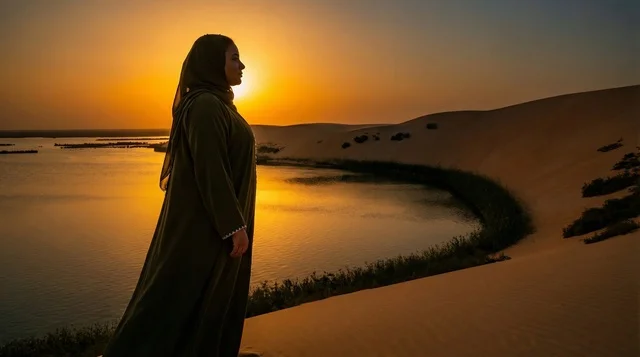 Saudi Woman in Green Abaya at Desert Lake Sunset