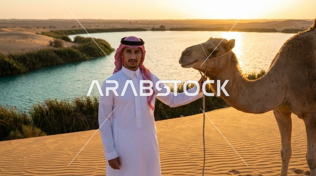رجل سعودي مع جمل عند بحيرة صحراوية وقت الغروب