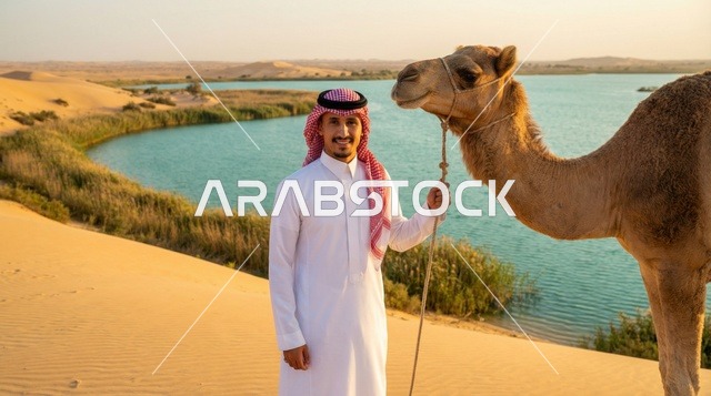 رجل سعودي مع جمل بجانب بحيرة في الصحراء