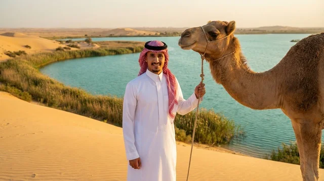 Saudi Man with Camel by Desert Lake in Saudi Arabia