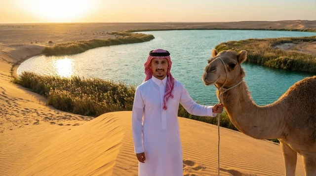 Saudi Man with Camel at Desert Lake Sunset