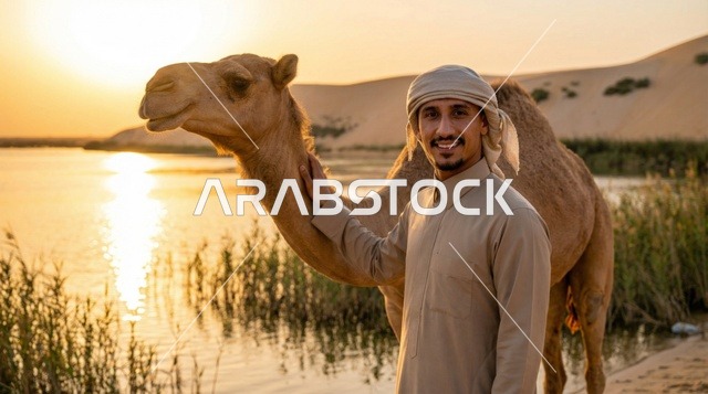 رجل إماراتي مع جمل عند واحة صحراوية وقت الغروب