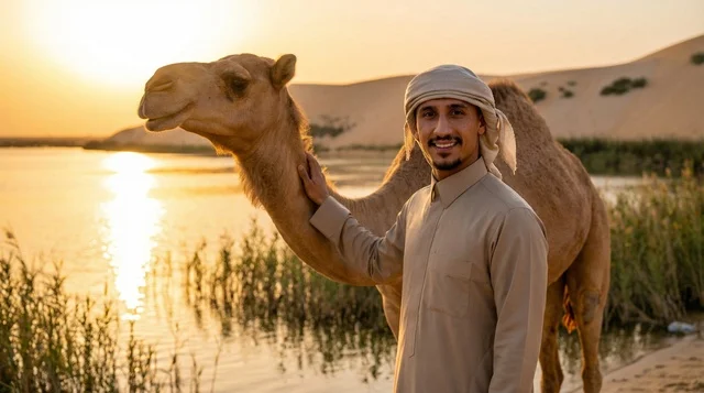 رجل إماراتي مع جمل عند واحة صحراوية وقت الغروب