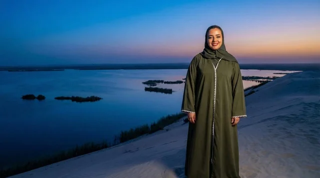 امرأة مصرية عند بحيرة صحراوية وقت الغروب