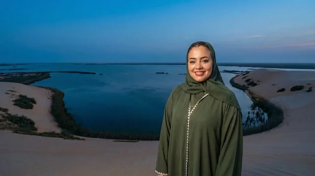 امرأة سعودية بالعباءة الخضراء في الصحراء وقت الغروب