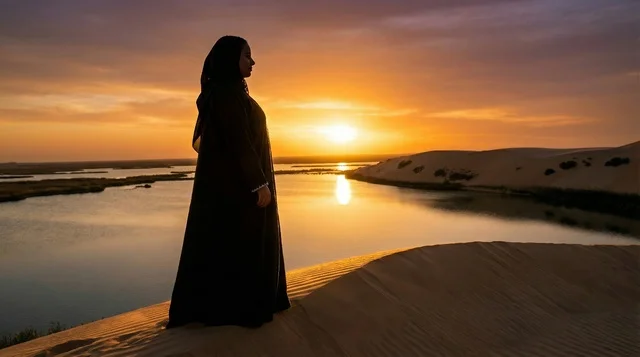 Saudi Woman in Abaya at Desert Lake Sunset