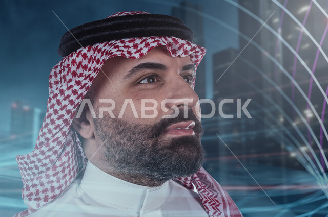 رجل عربي خليجي سعودي يتطلع لتحقيق رؤية مستقبلية أفضل ، ايماءات و تعابير وجه و يدين مختلفة ، مواكبة التطلعات و مواجهة التحديات ، تحقيق الطموحات ، رؤية 2030
