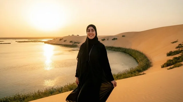 امرأة عربية بالعباءة عند بحيرة صحراوية وقت الغروب