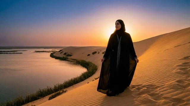 Saudi Woman in Black Abaya on Desert Sand Dunes
