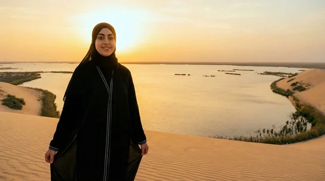 امرأة سعودية بالعباءة عند بحيرة صحراوية وقت الغروب