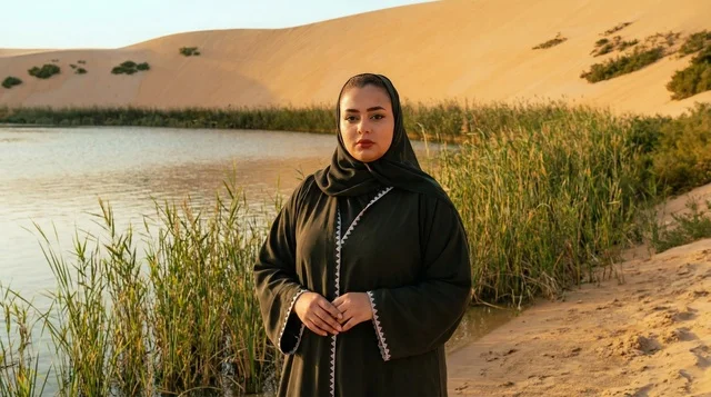 امرأة إماراتية بالعباءة السوداء عند بحيرة في الصحراء