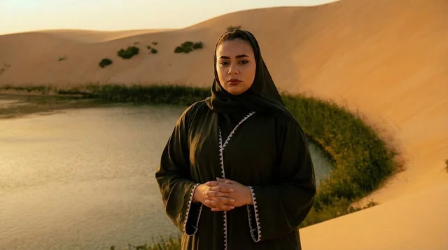 امرأة إماراتية بالعباءة أمام بحيرة صحراوية وقت الغروب