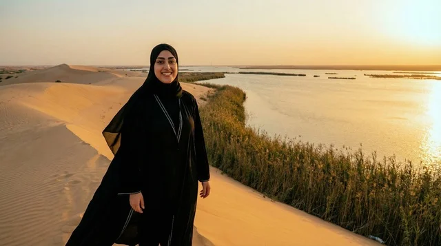 امرأة سعودية بالعباءة عند بحيرة صحراوية وقت الغروب