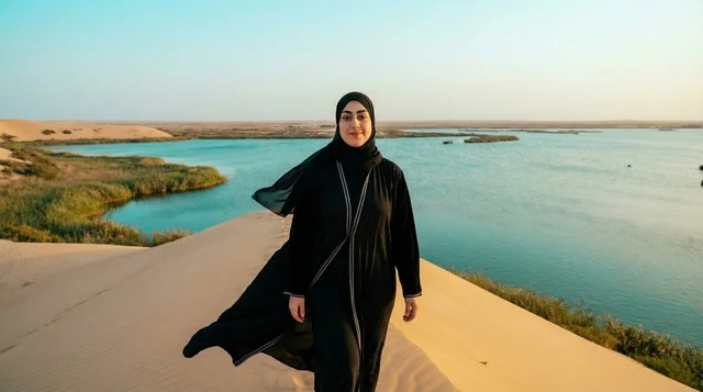 امرأة سعودية بالعباءة في بحيرة الأصفر وقت الغروب