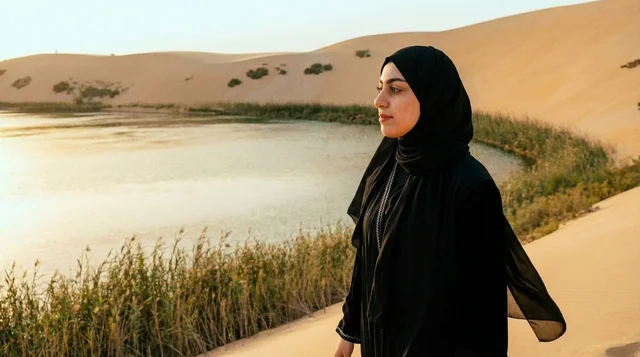 امرأة إماراتية بالعباءة السوداء بجانب بحيرة صحراوية وقت الغروب