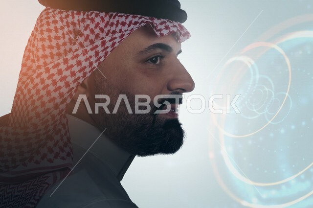 رجل عربي خليجي سعودي يتطلع لتحقيق رؤية مستقبلية أفضل ، ايماءات و تعابير وجه و يدين مختلفة ، مواكبة التطلعات و مواجهة التحديات ، تحقيق الطموحات ، رؤية 2030