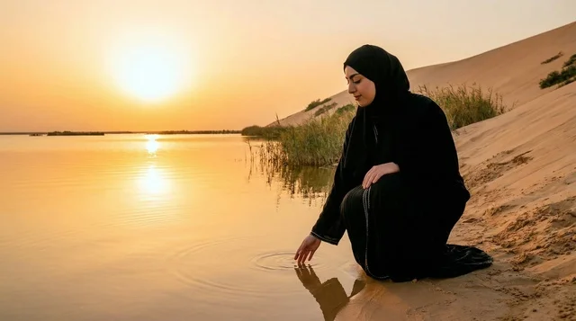 امرأة إماراتية بالعباءة في واحة صحراوية وقت الغروب