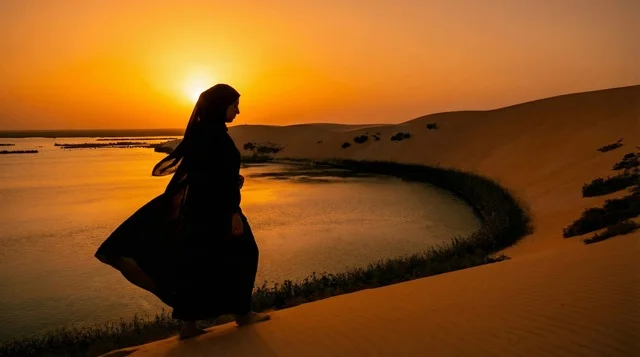 امرأة إماراتية بالعباءة تمشي في الصحراء وقت الغروب