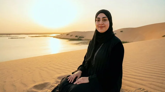 امرأة عربية بالعباءة في واحة صحراوية وقت الغروب