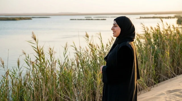 امرأة عربية بالعباءة بجانب بحيرة وقت الغروب