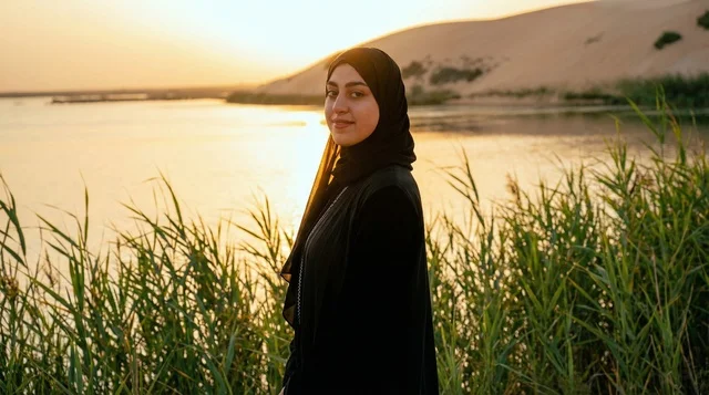 امرأة عربية بالحجاب بجانب بحيرة صحراوية وقت الغروب