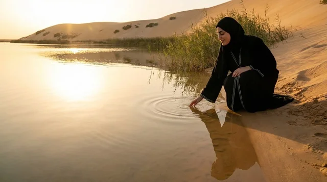 امرأة إماراتية بالعباءة عند بحيرة صحراوية وقت الغروب