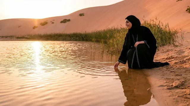 امرأة إماراتية بالعباءة بجانب بحيرة صحراوية وقت الغروب امرأة إماراتية بالعباءة بجانب بحيرة صحراوية وقت الغروب