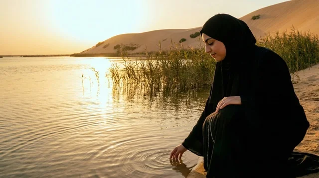 امرأة إماراتية بالعباءة بجانب بحيرة صحراوية وقت الغروب