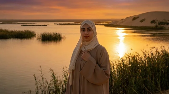 امرأة عربية عند بحيرة صحراوية وقت الغروب