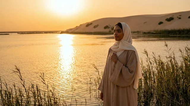 Saudi Woman in Abaya at Desert Lake Sunset