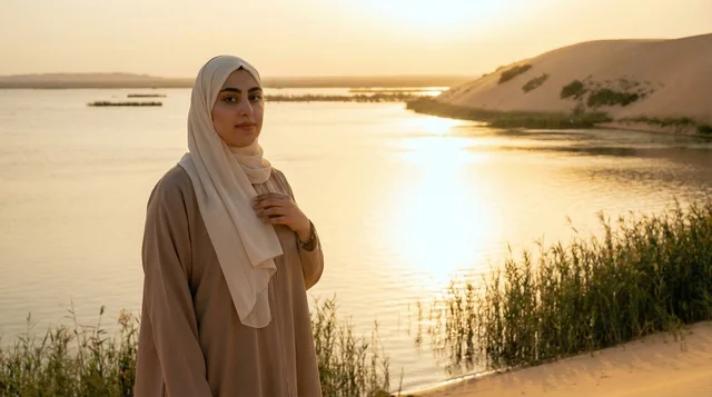 امرأة سعودية بالحجاب عند بحيرة صحراوية وقت الغروب