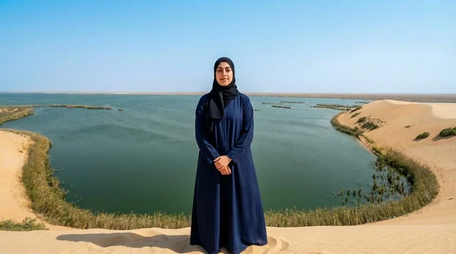 امرأة سعودية عند بحيرة الأصفر في صحراء الأحساء