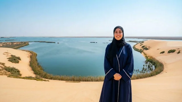 امرأة سعودية بعباءة أمام بحيرة صحراوية