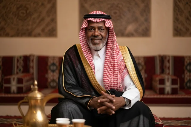 Saudi Man in Traditional Bisht Sitting in Majlis