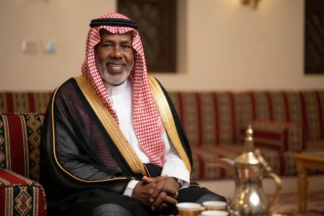 Senior Saudi Man in Traditional Bisht in Indoor Majlis