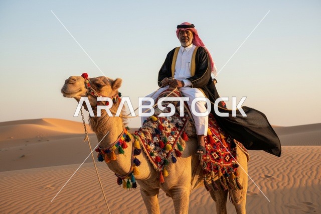 رجل سعودي يركب الجمل في الصحراء وقت الغروب