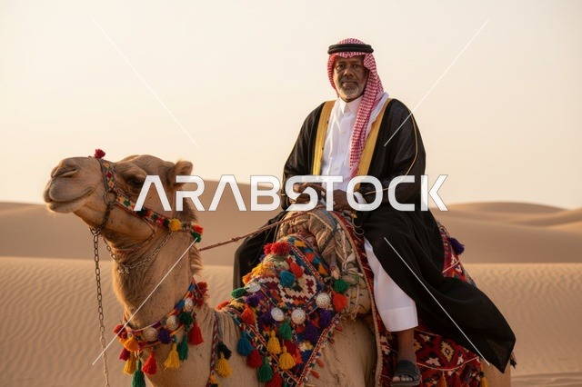 رجل سعودي فوق جمل في الصحراء وقت الغروب