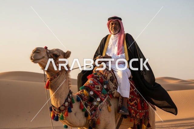 رجل سعودي يركب جمل في الصحراء وقت الغروب