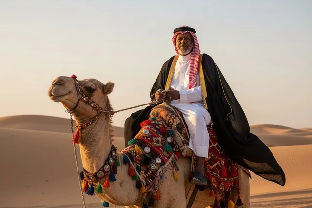 Saudi Man Riding Camel in Desert at Sunset