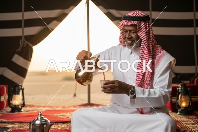 رجل سعودي يصب القهوة العربية في خيمة بدوية