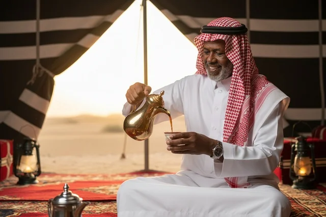 رجل سعودي يصب القهوة العربية في خيمة بدوية