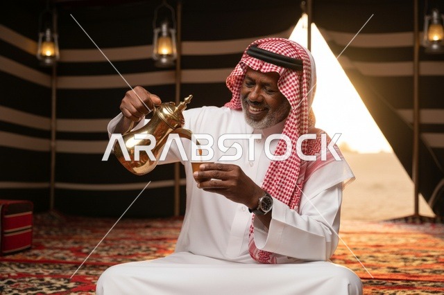 Saudi Man Pouring Arabic Coffee in Traditional Tent